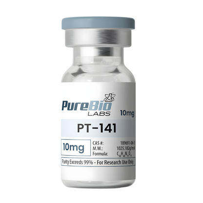 Vial labeled 'PT-141' by PureBio Labs on a white background