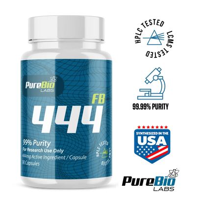 Fenbendazole research capsules bottle, label with research use only statement, Pure Bio Labs