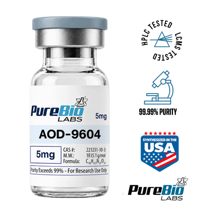 AOD-9604 VIAL 5mg high-purity lyophilized peptide for lab research in sterile sealed vial