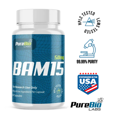 BAM15 research capsules bottle, rear label with research use only statement, Pure Bio Labs