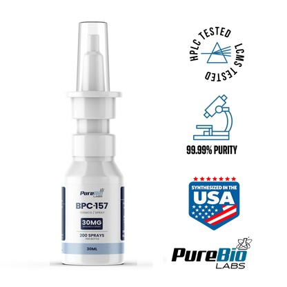 BPC-157 research peptide spray, 30mg / 200 spray bottle, side view, Pure Bio Labs