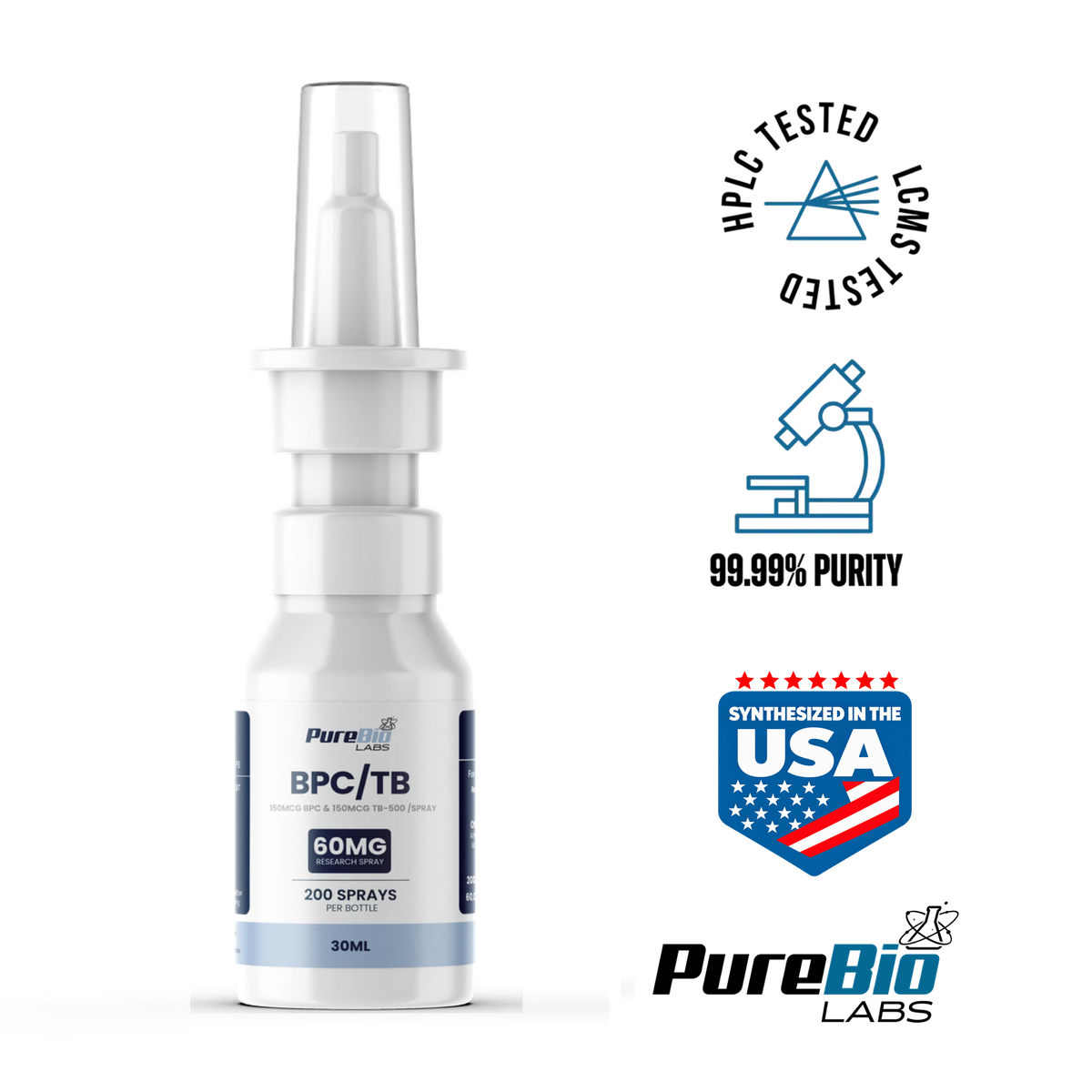 BPC-157 and TB-500 research peptide spray, 60mg / 30ml bottle, angled view, Pure Bio Labs
