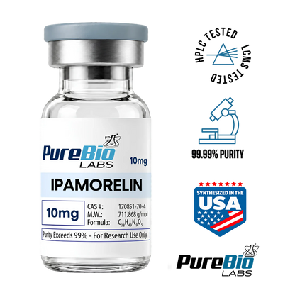 Ipamorelin vial 10mg lyophilized peptide for research with 99% purity