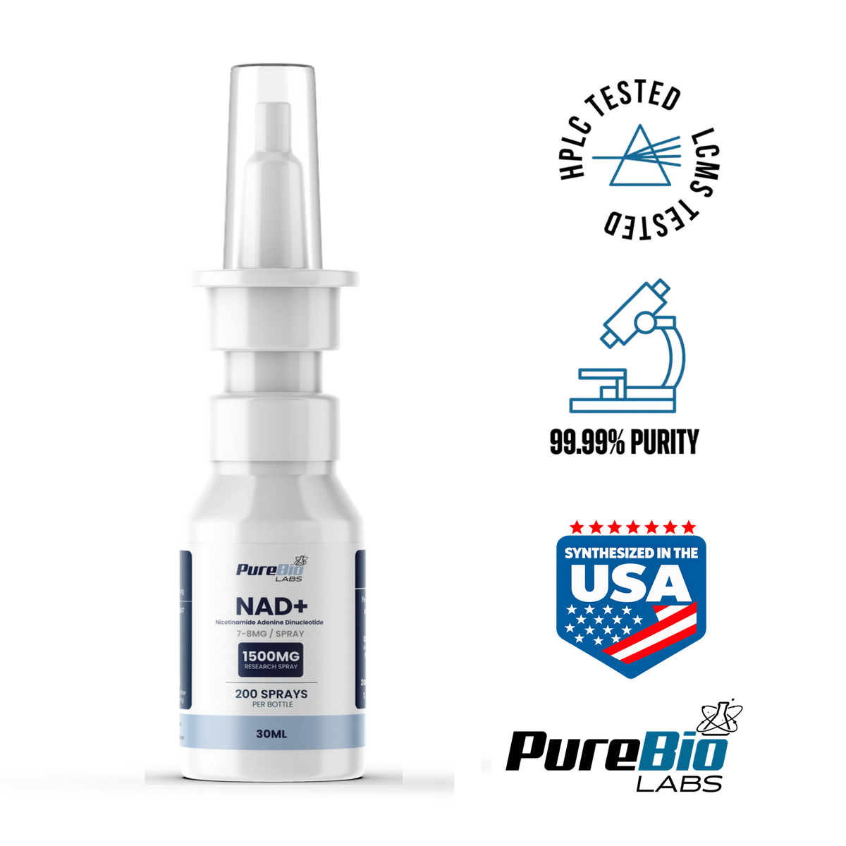 NAD+ research spray, 1500mg / 30ml bottle, side view, Pure Bio Labs