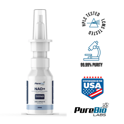 NAD+ research spray, 1500mg / 30ml bottle, side view, Pure Bio Labs