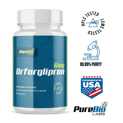 Orforglipron research capsules bottle, label detail, Pure Bio Labs