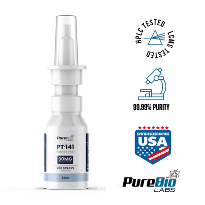 PT-141 research peptide spray, 30mg / 30ml bottle, label detail, Pure Bio Labs
