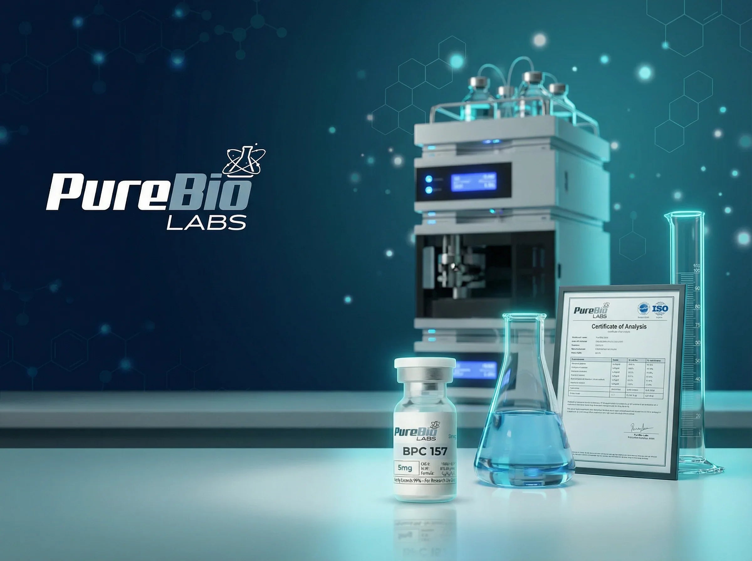 PureBio Labs equipment and products on a blue background