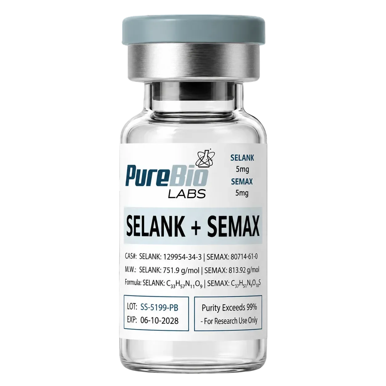Vial labeled 'PureBio Labs SELANK + SEMAX' on a white background