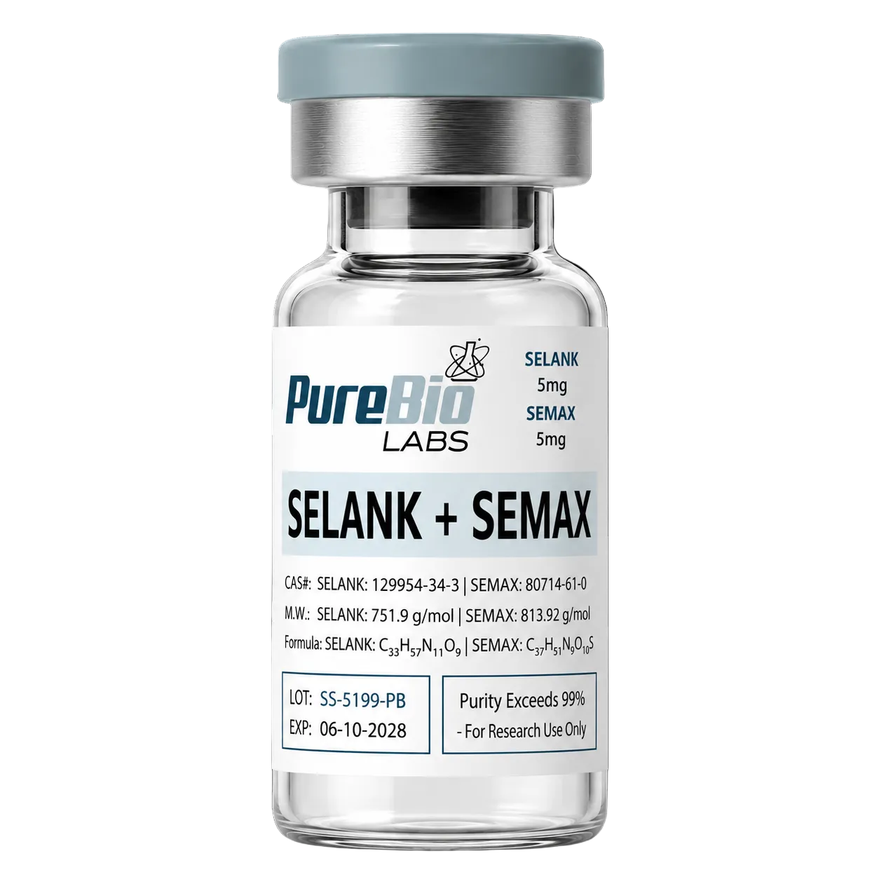 Vial labeled 'PureBio Labs SELANK + SEMAX' on a white background