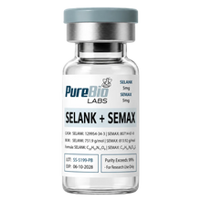 Vial labeled 'PureBio Labs SELANK + SEMAX' on a white background
