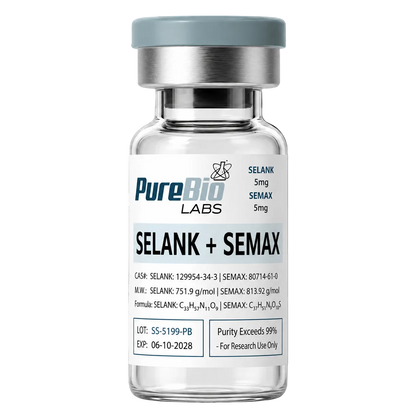 Vial labeled 'PureBio Labs SELANK + SEMAX' on a white background