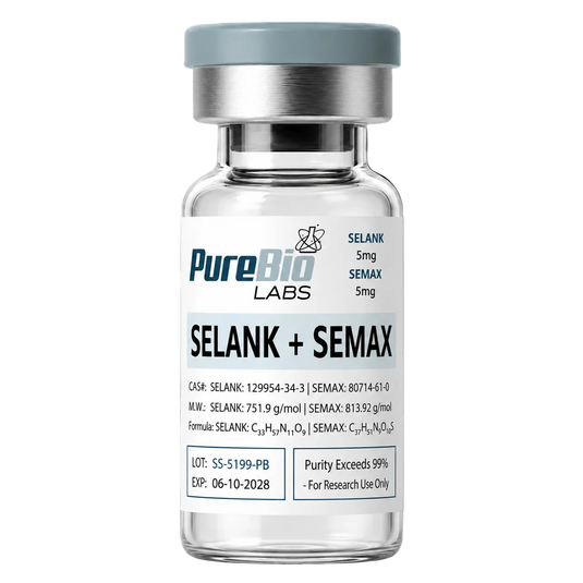 Vial labeled 'PureBio Labs SELANK + SEMAX' on a white background