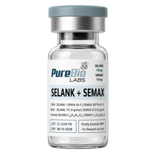 Vial labeled 'PureBio Labs SELANK + SEMAX' on a white background