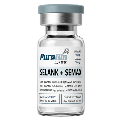 Vial labeled 'PureBio Labs SELANK + SEMAX' on a white background