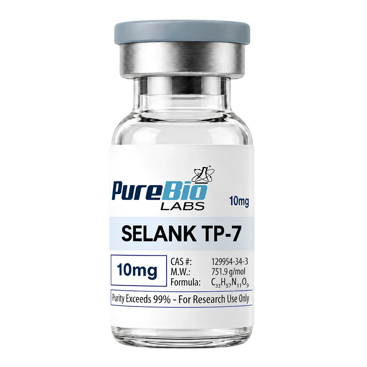 Selank TP-7 research peptide vial, 10mg lyophilized powder, Pure Bio Labs