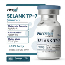 Vial labeled 'SELANK TP-7' by PureBio Labs with product details on a white background