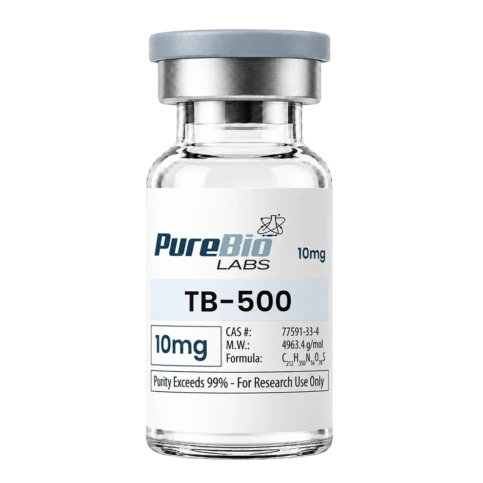 A glass vial of Pure Bio Labs TB-500 10mg with a white label, silver metal collar, and gray cap on a white background.