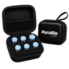 Peptide vial travel case with six slots, carbon-fiber hard shell, zipper closure, and custom foam insert for secure storage.