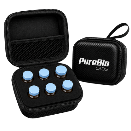 Peptide vial travel case with six slots, carbon-fiber hard shell, zipper closure, and custom foam insert for secure storage.