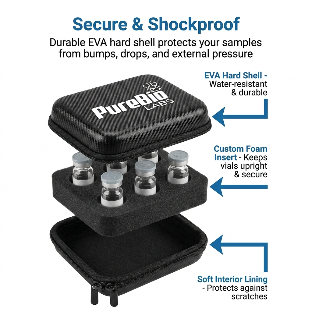 Compact peptide vial travel case with 6 slots, hard shell, and custom foam insert for secure storage.