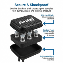 Compact peptide vial travel case with 6 slots, hard shell, and custom foam insert for secure storage.