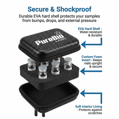 Compact peptide vial travel case with 6 slots, hard shell, and custom foam insert for secure storage.